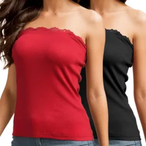 H HIAMIGOS 2 Pack Strapless Tube Tops for Women Lace Bandeau Top Long Ribbed Full Length Top No Bra