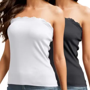 H HIAMIGOS 2 Pack Strapless Tube Tops for Women Lace Bandeau Top Long Ribbed Full Length Top No Bra