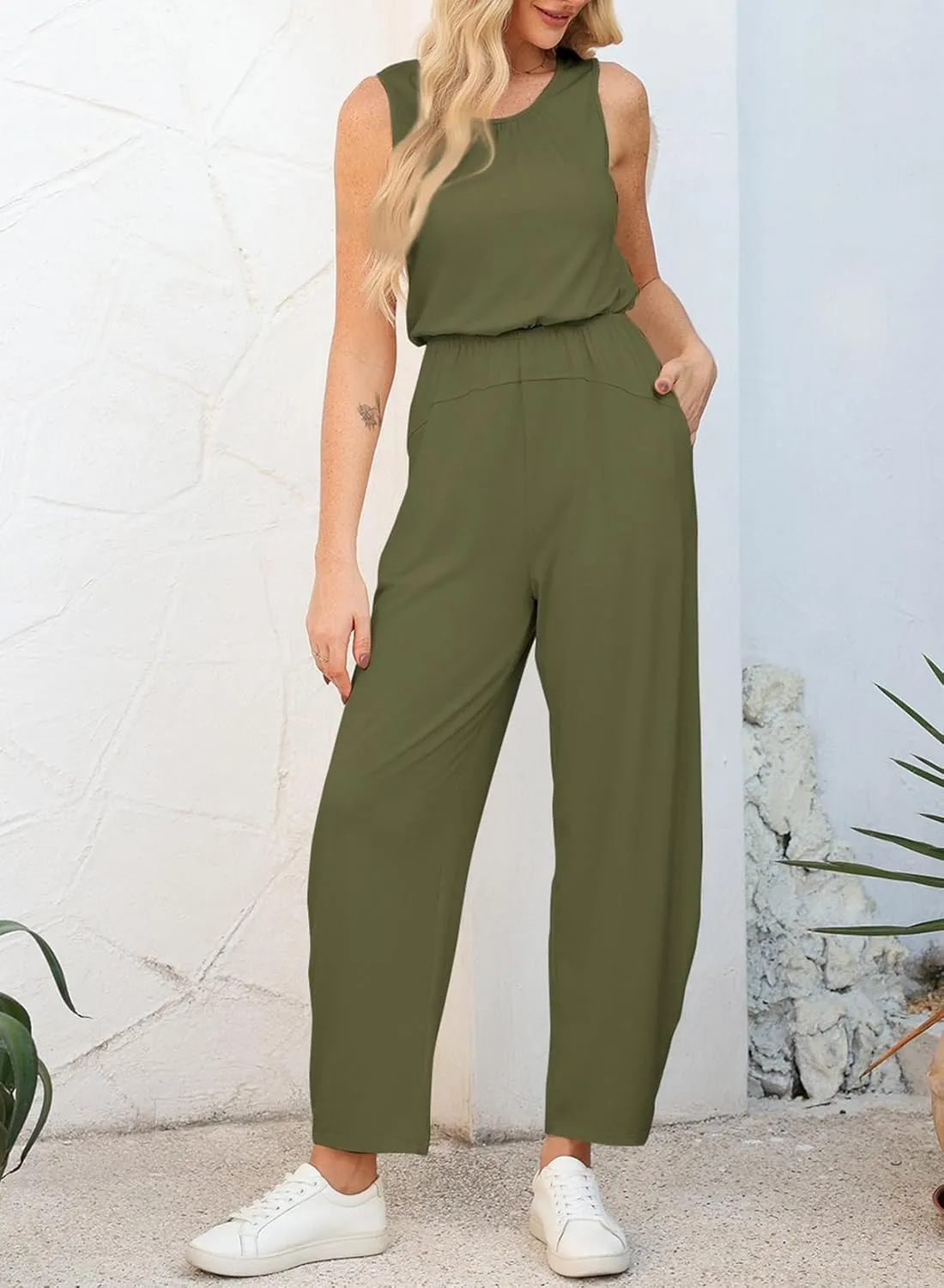Happy Sailed Womens Jumpsuit Casual Crew Neck Sleeveless Jumpsuits High Waist Long Pant Rompers with Pockets