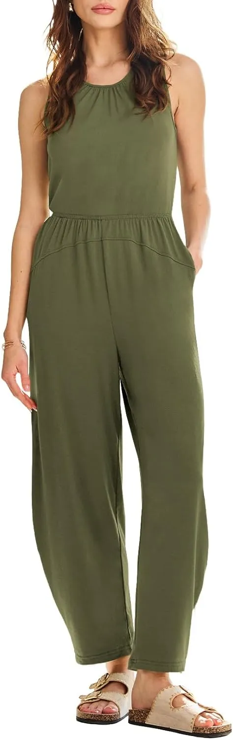 Happy Sailed Womens Jumpsuit Casual Crew Neck Sleeveless Jumpsuits High Waist Long Pant Rompers with Pockets