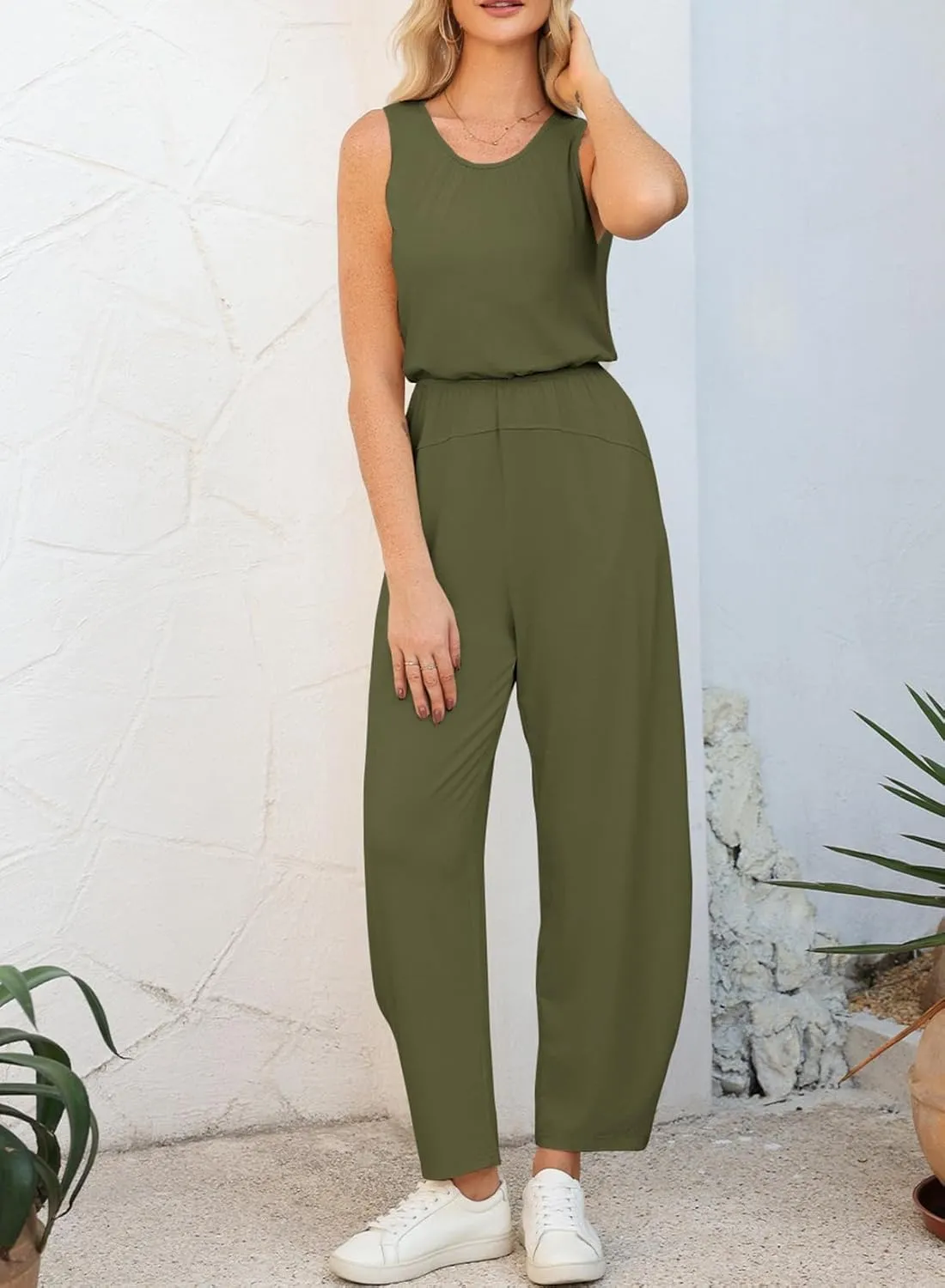 Happy Sailed Womens Jumpsuit Casual Crew Neck Sleeveless Jumpsuits High Waist Long Pant Rompers with Pockets