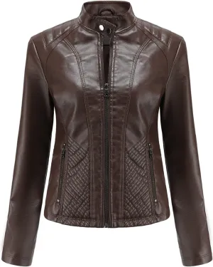 Hasta Faux Leather Jacket Crop Plus Size Women Slim Fit Motorcycle Bike Coat Stand Collar Zip Pocket Short Pleather Jacket