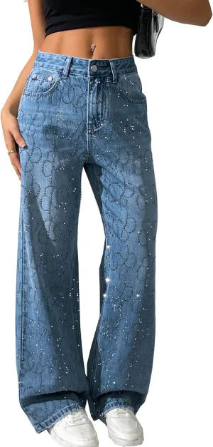 heipeiwa Women's Rhinestone Jeans Wide Leg Baggy Denim Pants High Waist Sparkle Shiny Sequin Trouser