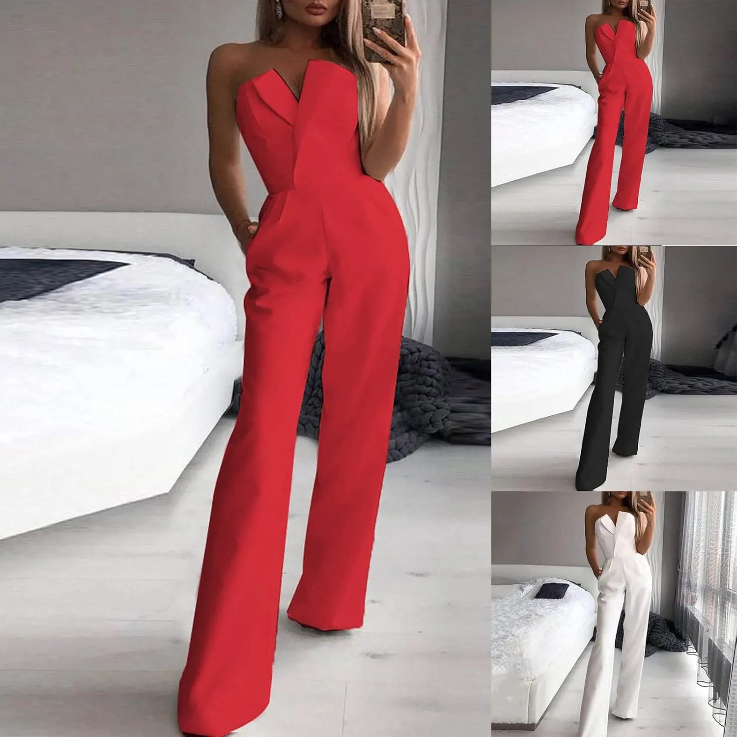 HGps8w Women's Elegant Rompers Sexy V Neck Strapless High Waist Wide Leg Long Pants Jumpsuits Summer Party Club Outfits