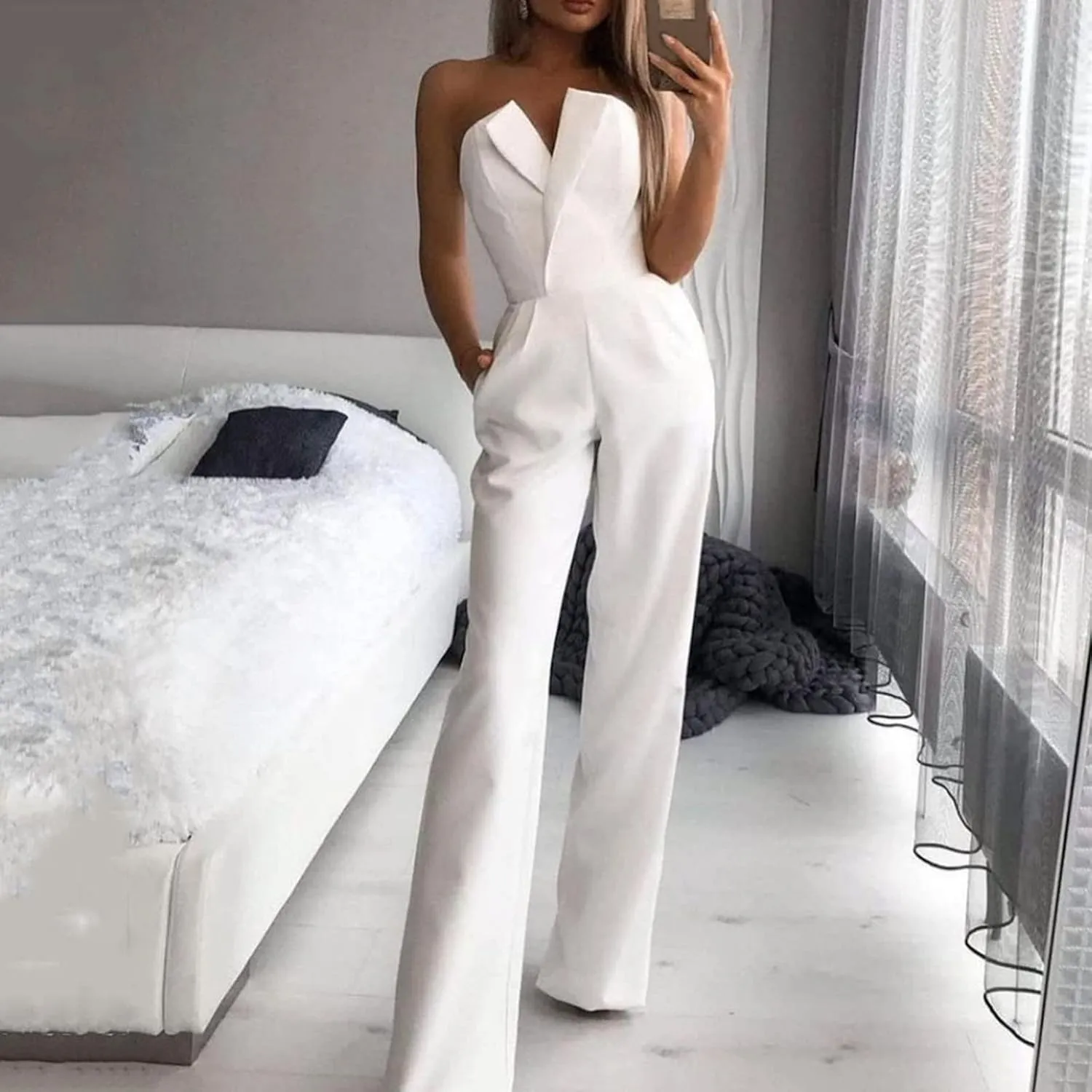 HGps8w Women's Elegant Rompers Sexy V Neck Strapless High Waist Wide Leg Long Pants Jumpsuits Summer Party Club Outfits