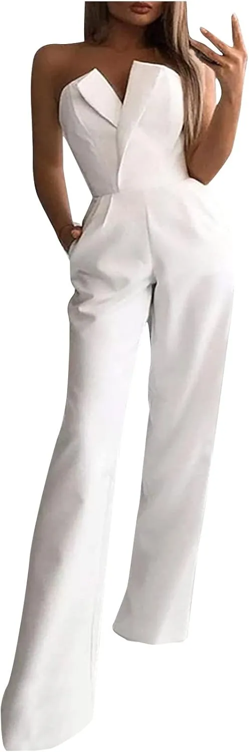 HGps8w Women's Elegant Rompers Sexy V Neck Strapless High Waist Wide Leg Long Pants Jumpsuits Summer Party Club Outfits