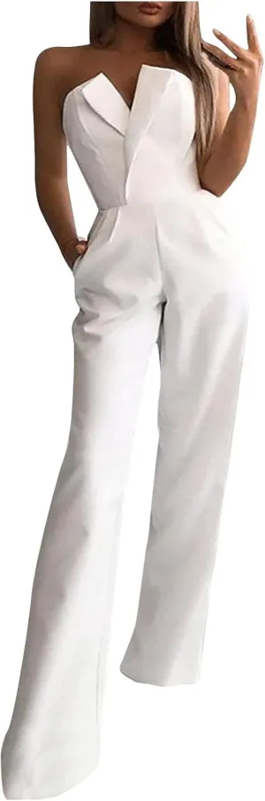HGps8w Women's Elegant Rompers Sexy V Neck Strapless High Waist Wide Leg Long Pants Jumpsuits Summer Party Club Outfits