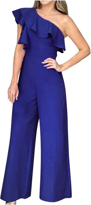 HGps8w Women's One Shoulder Dressy Jumpsuits Elegant Ruffle Sleeveless Casual Solid One Piece Wide Leg Pants Rompers