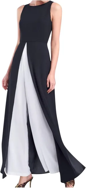 HGps8w Womens Split Front Crepe Overlay Jumpsuit Elegant Sleeveless Flowy Tunic Shirt Dressy 2 Piece Formal Dress Set Rompers