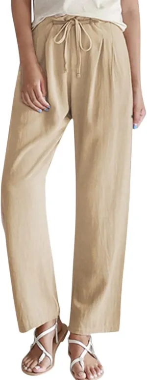 High Rise Linen Pants Women Summer Womens Linen Pant Long Length Tall Womans Drawstring Capris Trousers