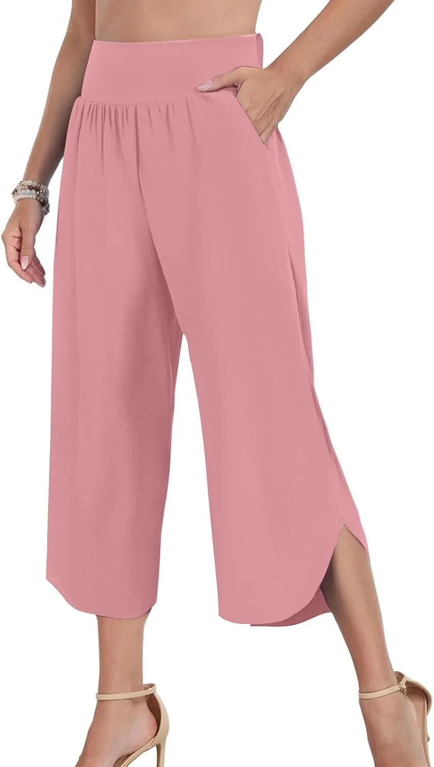 High Waist Capri Pants for Women Wide Leg Flowy Cropped Trousers Slim Fit Slit Hem Capris Casual Summer Crop