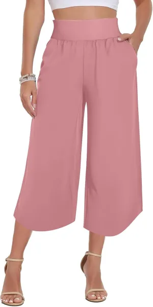 High Waist Capri Pants for Women Wide Leg Flowy Cropped Trousers Slim Fit Slit Hem Capris Casual Summer Crop