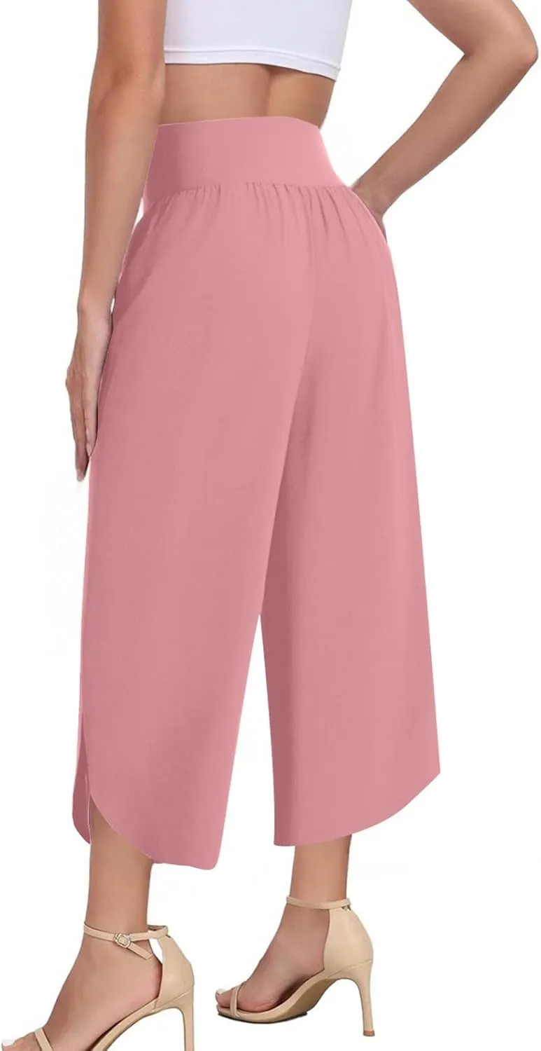 High Waist Capri Pants for Women Wide Leg Flowy Cropped Trousers Slim Fit Slit Hem Capris Casual Summer Crop