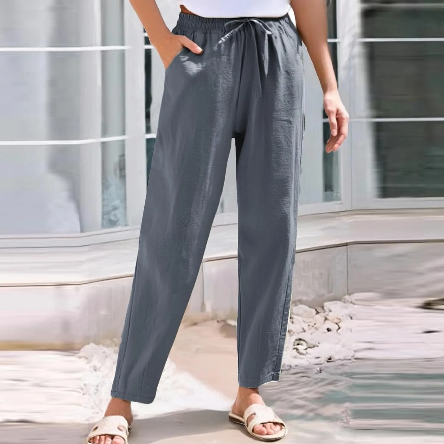 High Waisted Linen Pants Women Straight Leg Summer Trousers, Cotton Pants for Women Lounge Cotton Workout