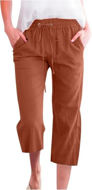 hlysgo Cotton Linen Capri Pants for Women High Waisted Drawstring Casual Capris Summer Loose Comfy Beach Cropped Trouser