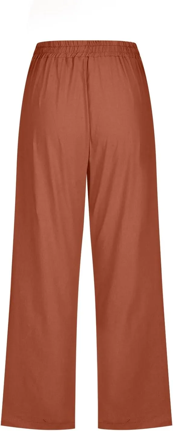 hlysgo Cotton Linen Capri Pants for Women High Waisted Drawstring Casual Capris Summer Loose Comfy Beach Cropped Trouser
