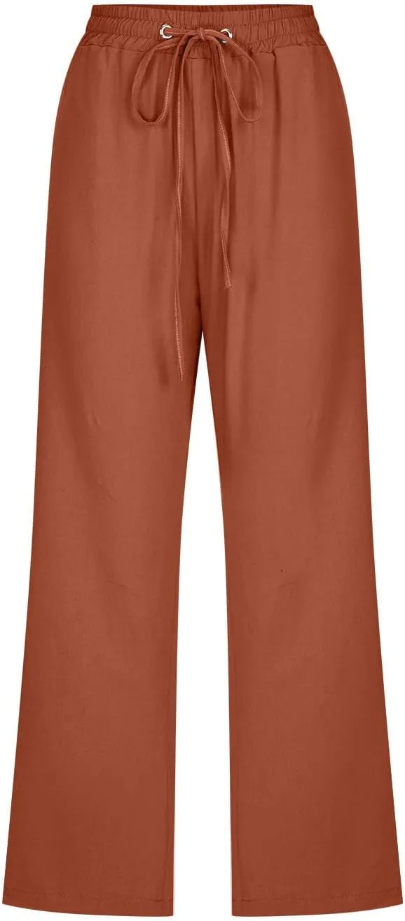 hlysgo Cotton Linen Capri Pants for Women High Waisted Drawstring Casual Capris Summer Loose Comfy Beach Cropped Trouser