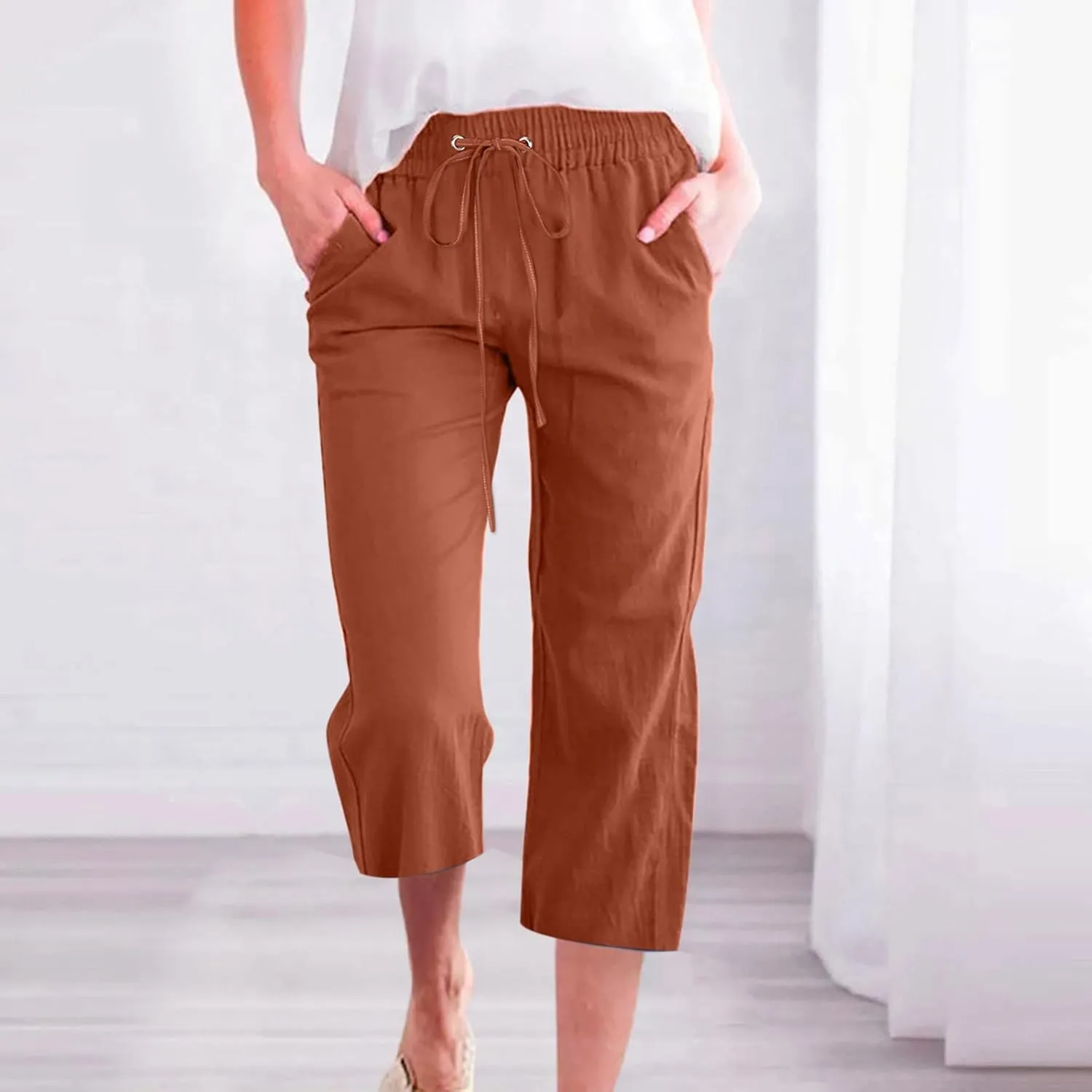 hlysgo Cotton Linen Capri Pants for Women High Waisted Drawstring Casual Capris Summer Loose Comfy Beach Cropped Trouser