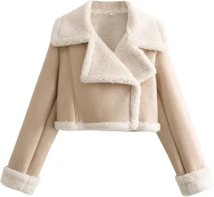 hlysgo Womens Faux Shearing Leather Jackets Sherpa-Lined Crop Coat Winter Bomber Jacket Short Outerwear Winter Clothes