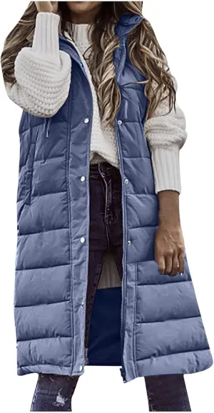 hlysgo Womens Quilted Puffer Vest Maxi Length Sleeveless Hooded Packable Winter Warm Thickened Down Jacket