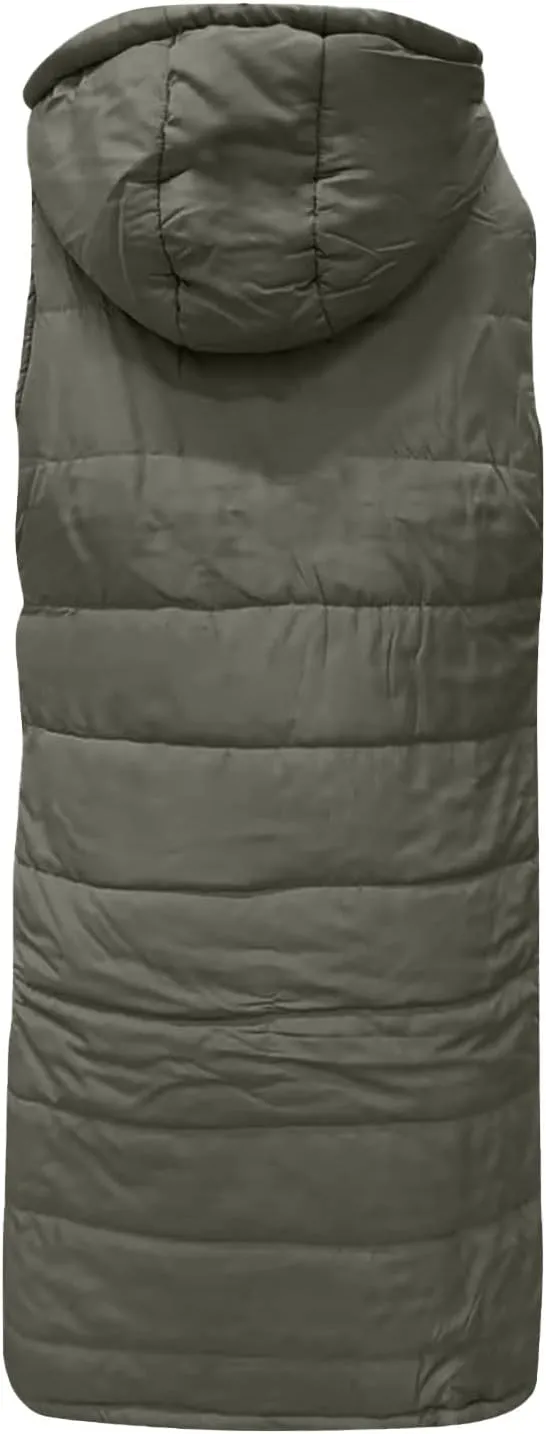 hlysgo Womens Quilted Puffer Vest Maxi Length Sleeveless Hooded Packable Winter Warm Thickened Down Jacket