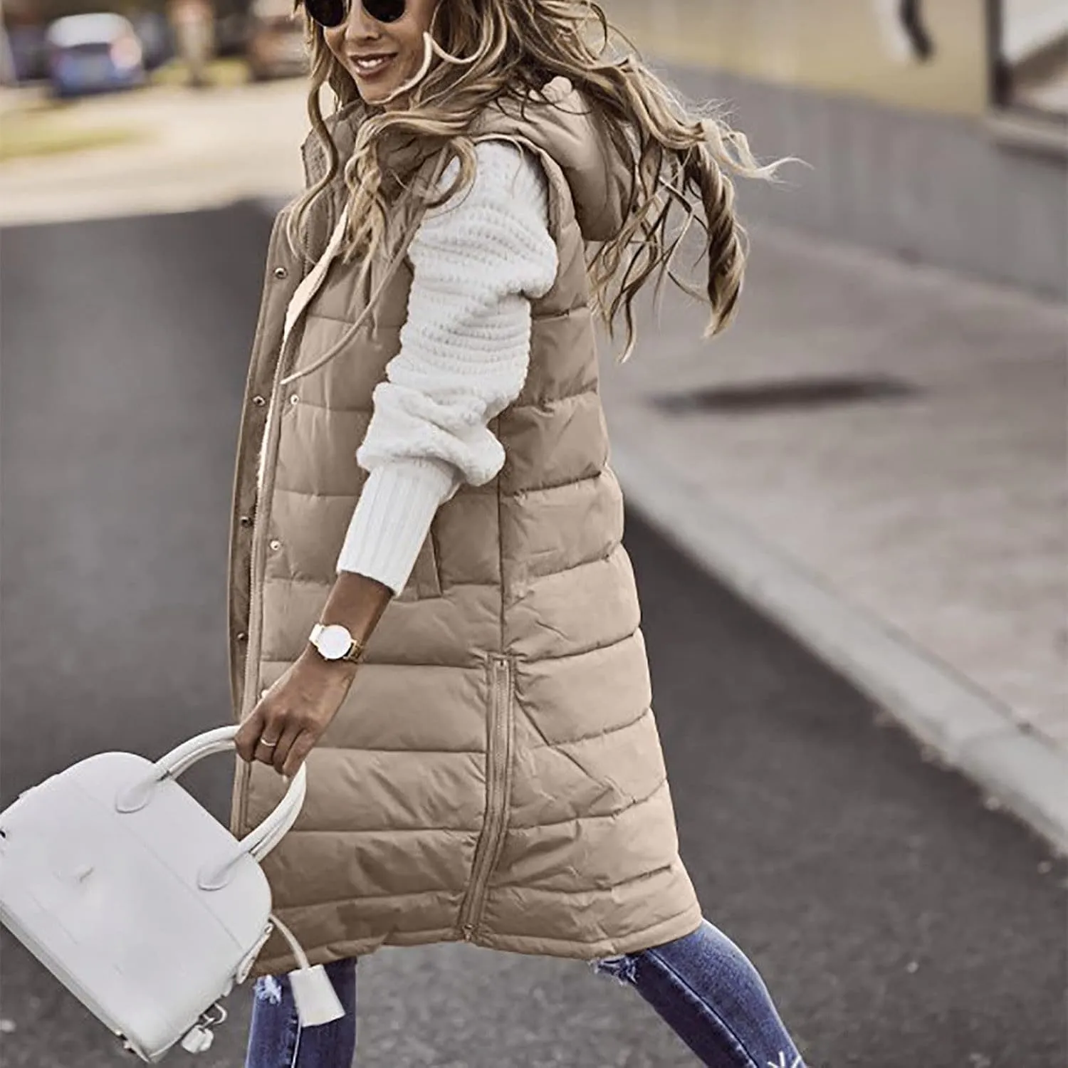 hlysgo Womens Quilted Puffer Vest Maxi Length Sleeveless Hooded Packable Winter Warm Thickened Down Jacket