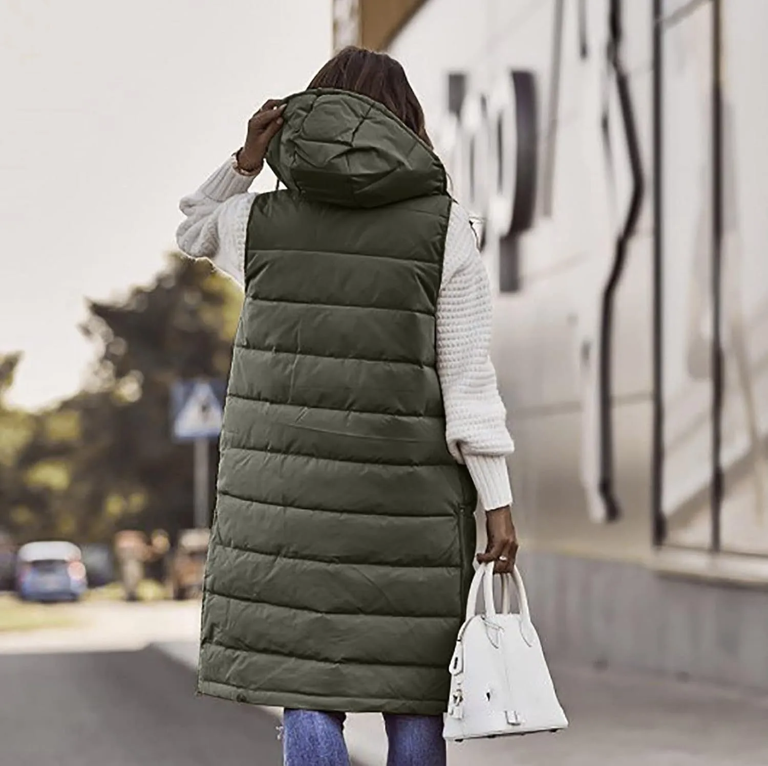 hlysgo Womens Quilted Puffer Vest Maxi Length Sleeveless Hooded Packable Winter Warm Thickened Down Jacket