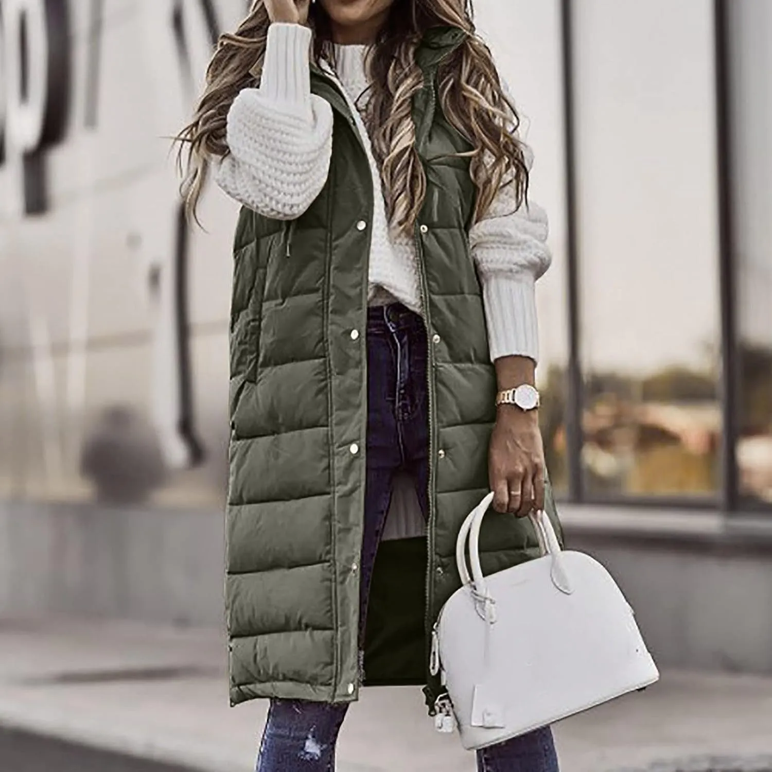 hlysgo Womens Quilted Puffer Vest Maxi Length Sleeveless Hooded Packable Winter Warm Thickened Down Jacket