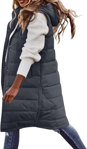 hlysgo Womens Quilted Puffer Vest Maxi Length Sleeveless Hooded Packable Winter Warm Thickened Down Jacket
