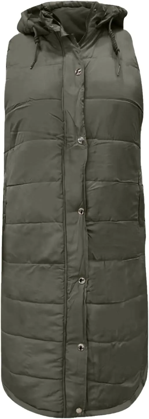 hlysgo Womens Quilted Puffer Vest Maxi Length Sleeveless Hooded Packable Winter Warm Thickened Down Jacket