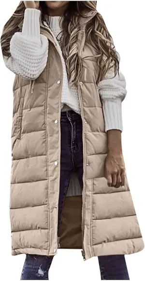 hlysgo Womens Quilted Puffer Vest Maxi Length Sleeveless Hooded Packable Winter Warm Thickened Down Jacket