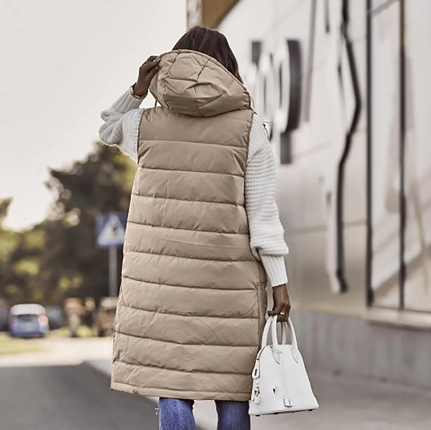 hlysgo Womens Quilted Puffer Vest Maxi Length Sleeveless Hooded Packable Winter Warm Thickened Down Jacket