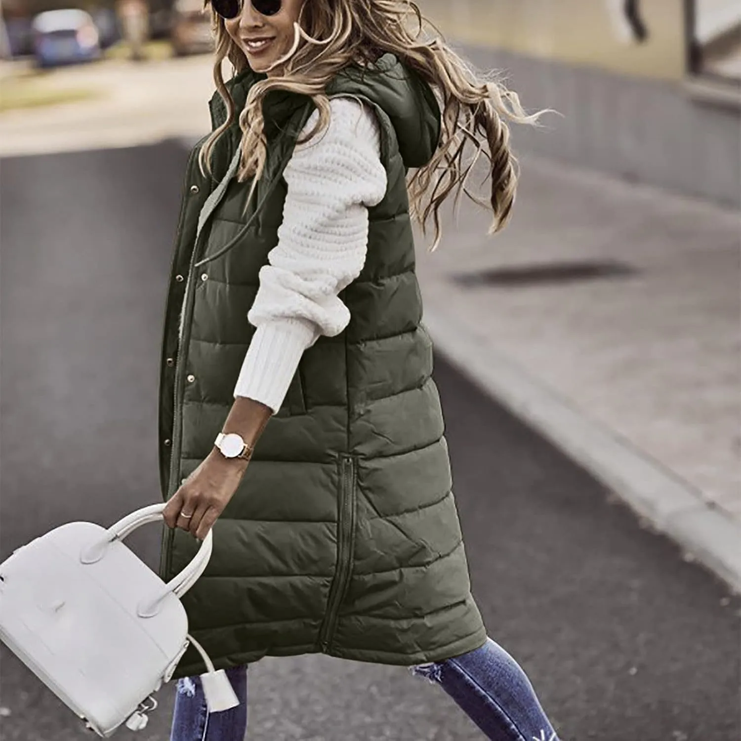 hlysgo Womens Quilted Puffer Vest Maxi Length Sleeveless Hooded Packable Winter Warm Thickened Down Jacket