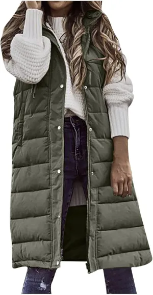 hlysgo Womens Quilted Puffer Vest Maxi Length Sleeveless Hooded Packable Winter Warm Thickened Down Jacket