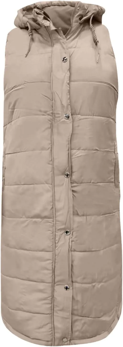 hlysgo Womens Quilted Puffer Vest Maxi Length Sleeveless Hooded Packable Winter Warm Thickened Down Jacket