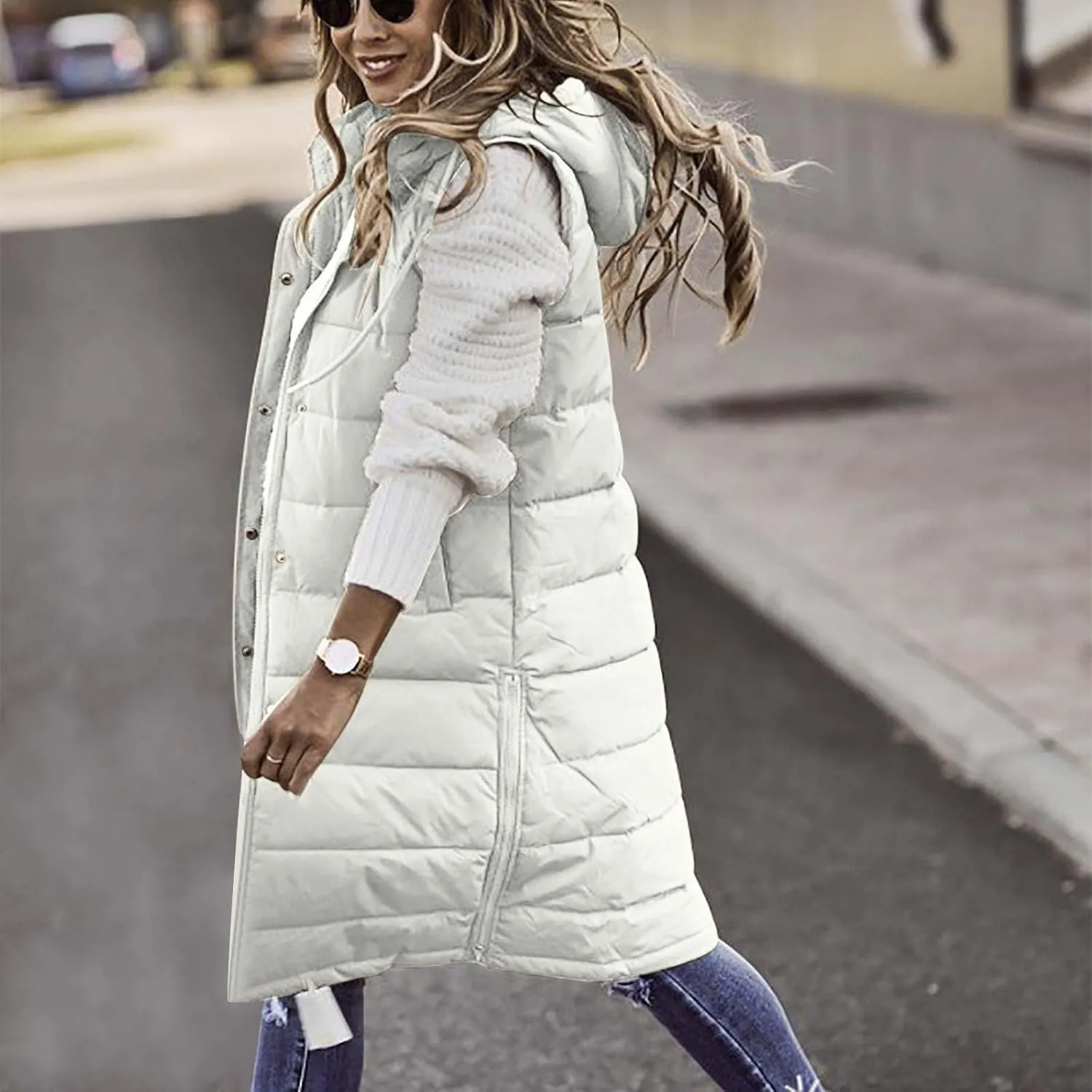 hlysgo Womens Quilted Puffer Vest Maxi Length Sleeveless Hooded Packable Winter Warm Thickened Down Jacket