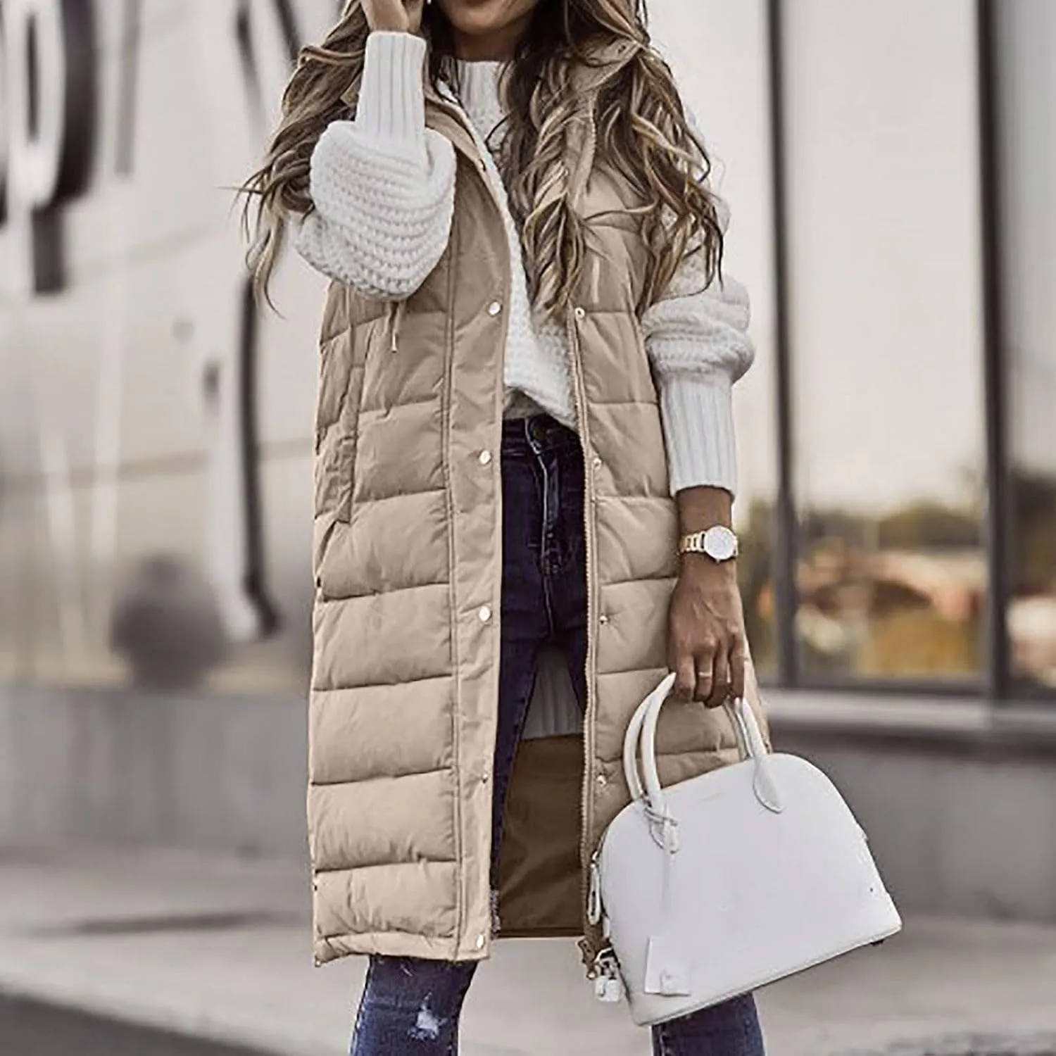 hlysgo Womens Quilted Puffer Vest Maxi Length Sleeveless Hooded Packable Winter Warm Thickened Down Jacket
