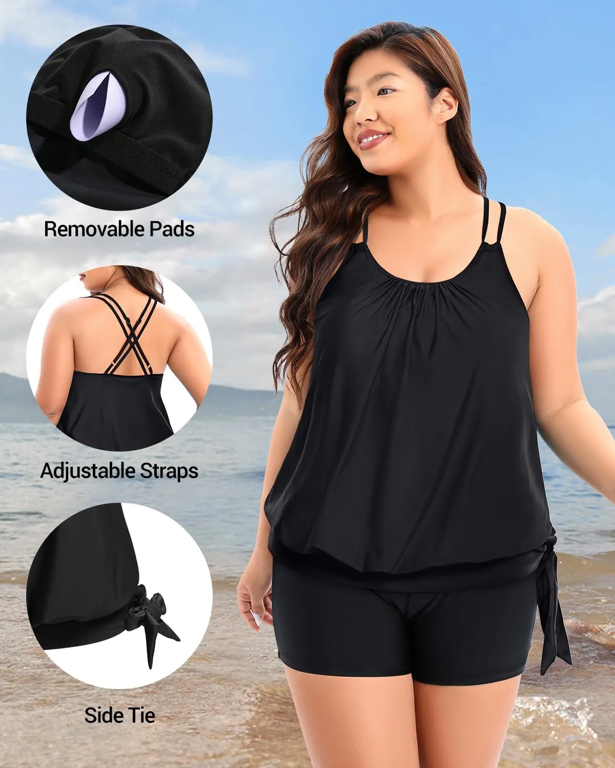 Holipick Plus Size Tankini Tops for Women Blouson Tummy Control Swim top Loose Fit Bathing Suit Top No Bottom