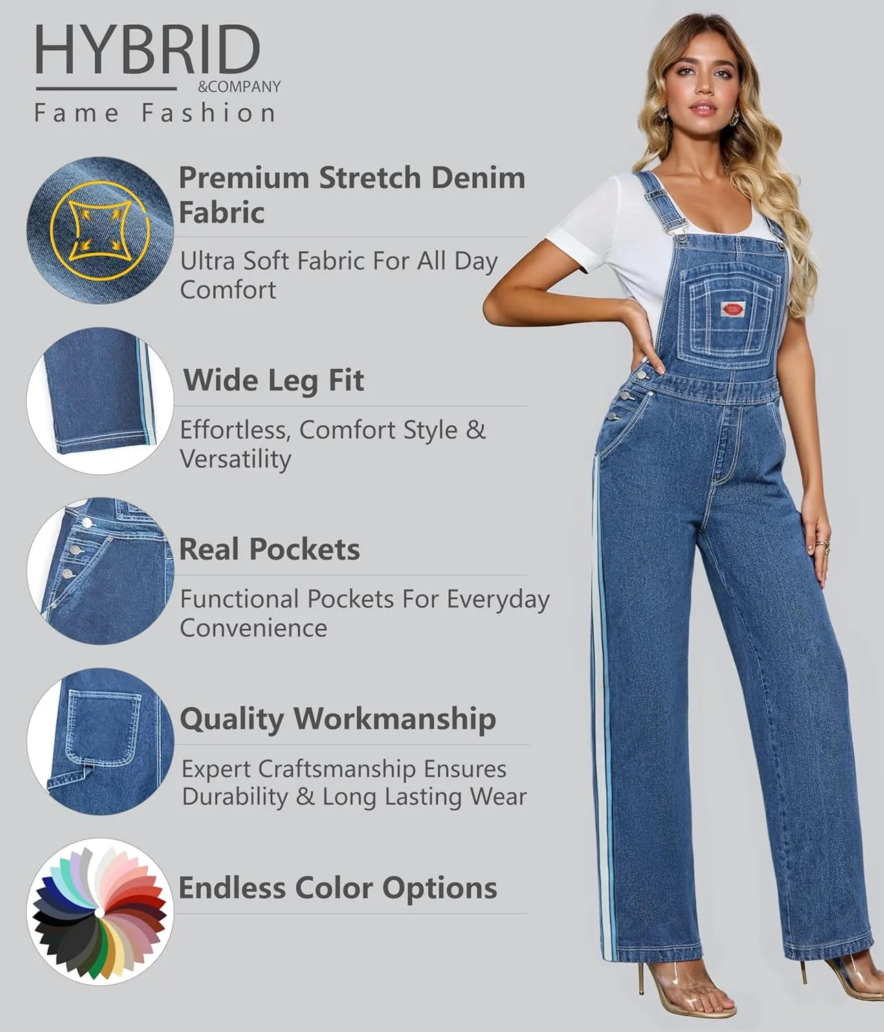 Hybrid & Company Womens Super Comfy Stretch Denim jumpsuit Pants Overalls