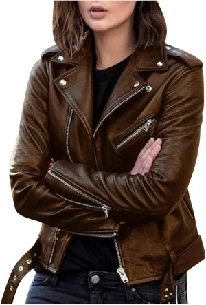 Jacket for Women's Faux Leather Cool Cropped Coat Fashion Fall Long Sleeve Zipper Slim Fitted Short Coat Jacket