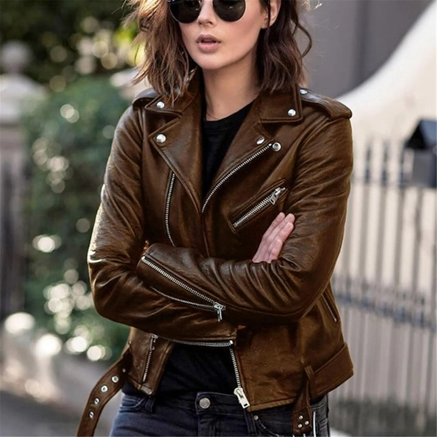 Jacket for Women's Faux Leather Cool Cropped Coat Fashion Fall Long Sleeve Zipper Slim Fitted Short Coat Jacket