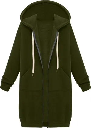Jackets for Women Casual Zip Up Long Tunic Hoodies Winter Windproof Drawstring Hooded Jacket Outerwear with Pockets