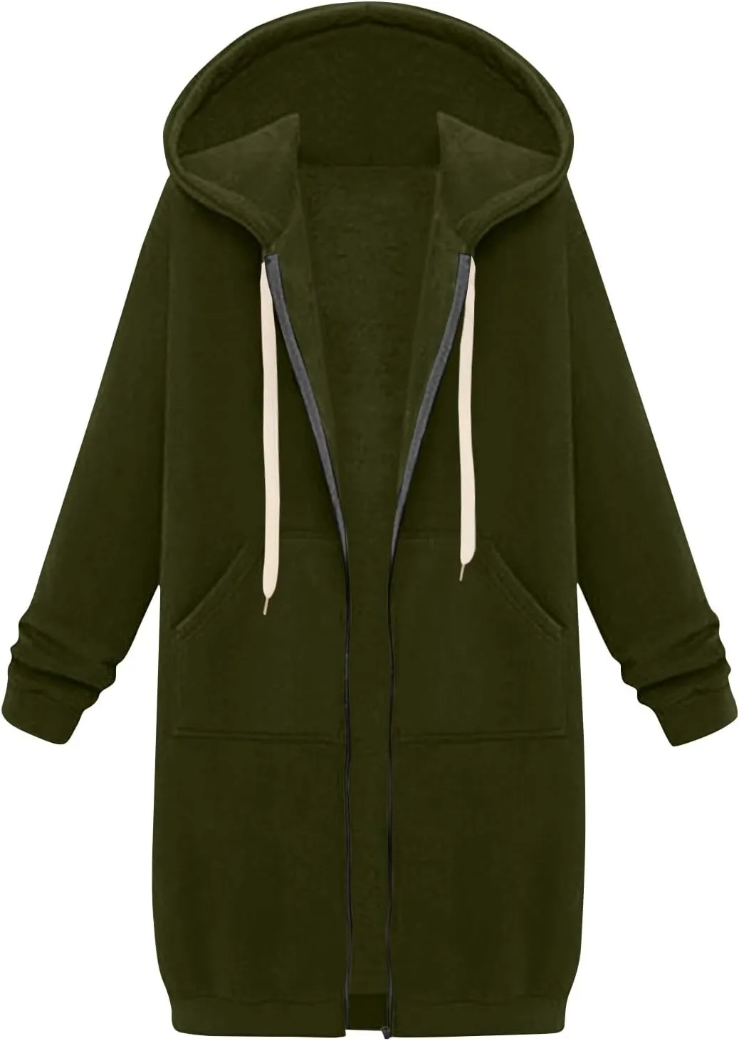 Jackets for Women Casual Zip Up Long Tunic Hoodies Winter Windproof Drawstring Hooded Jacket Outerwear with Pockets