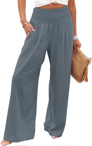 jsaierl Women Linen Wide Leg Pants Casual Summer Palazzo Pants Loose Flowy Beach Pants Vacation Travel Trousers with Pockets