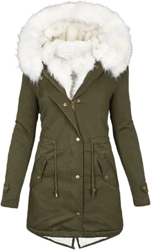 jsaierl Womens Winter Long Padded Coats with Fur Hood Fleece Lined Puffer Jacket Zipper Button Outerwear Thicken Warm Parka