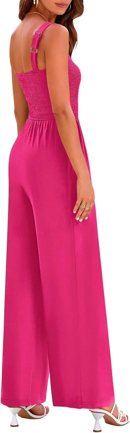 KIRUNDO Womens Jumpsuit 2025 Summer Casual Loose One Piece Overalls Smocked Sleeveless Wide Leg Rompers With Pockets