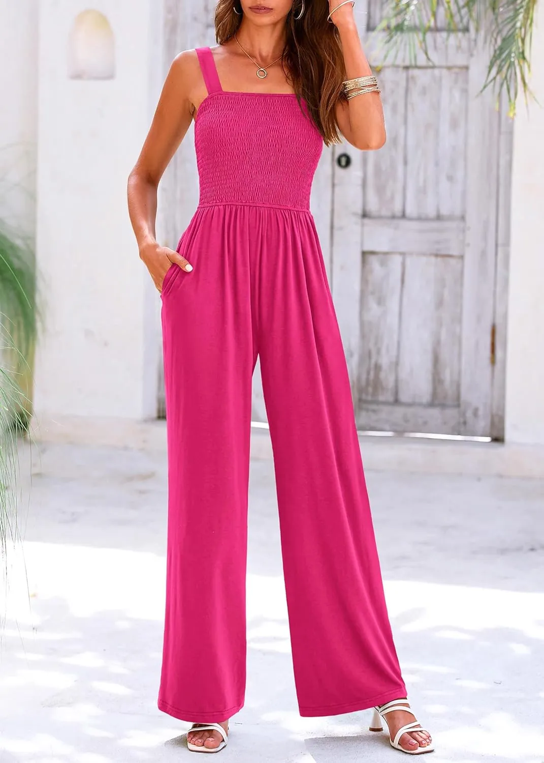KIRUNDO Womens Jumpsuit 2025 Summer Casual Loose One Piece Overalls Smocked Sleeveless Wide Leg Rompers With Pockets