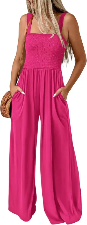 KIRUNDO Womens Jumpsuit 2025 Summer Casual Loose One Piece Overalls Smocked Sleeveless Wide Leg Rompers With Pockets