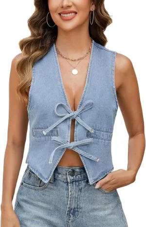 Ladyful Women's Denim Vest Top V Neck Bow Tie Front Jean Vest Sleeveless Lightweight Summer Sexy Waistcoat Tank Top
