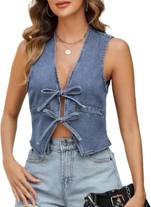 Ladyful Women's Denim Vest Top V Neck Bow Tie Front Jean Vest Sleeveless Lightweight Summer Sexy Waistcoat Tank Top